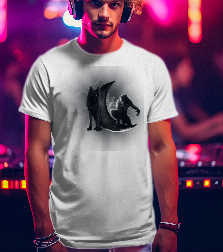 300219 Wolf And Werewolf On Crescent Moon With Lightning T-Shirt