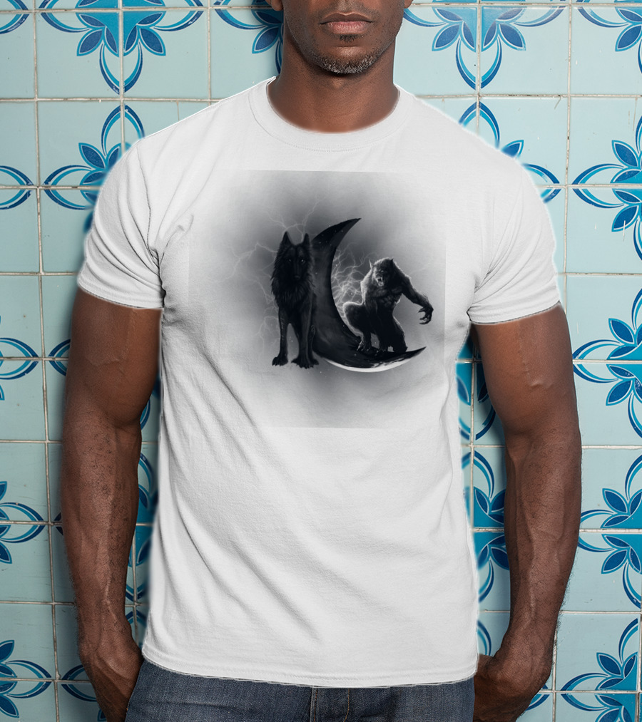 300219 Wolf And Werewolf On Crescent Moon With Lightning T-Shirt