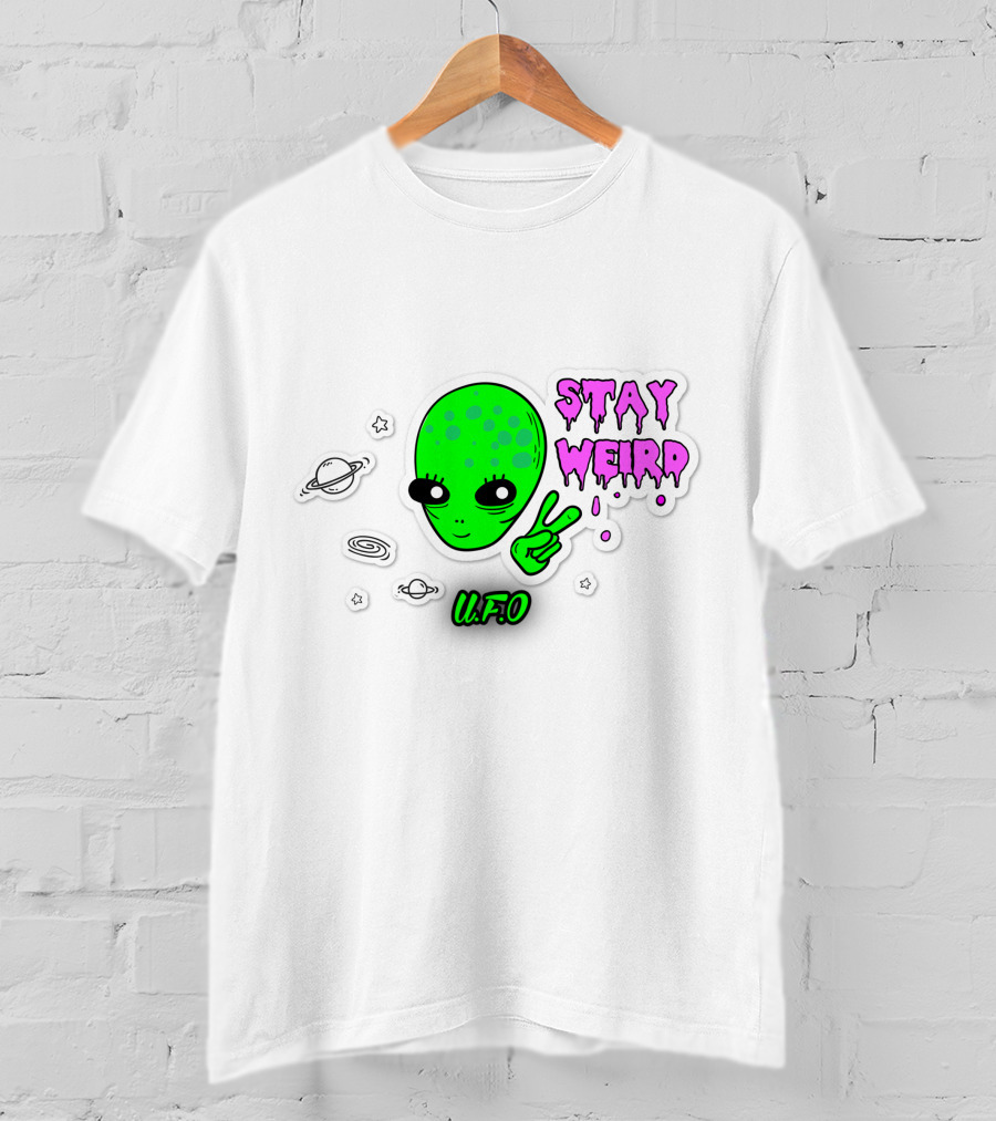 Stay Weird U.F.O. Alien Peace Sign Planet Stickers T-Shirt