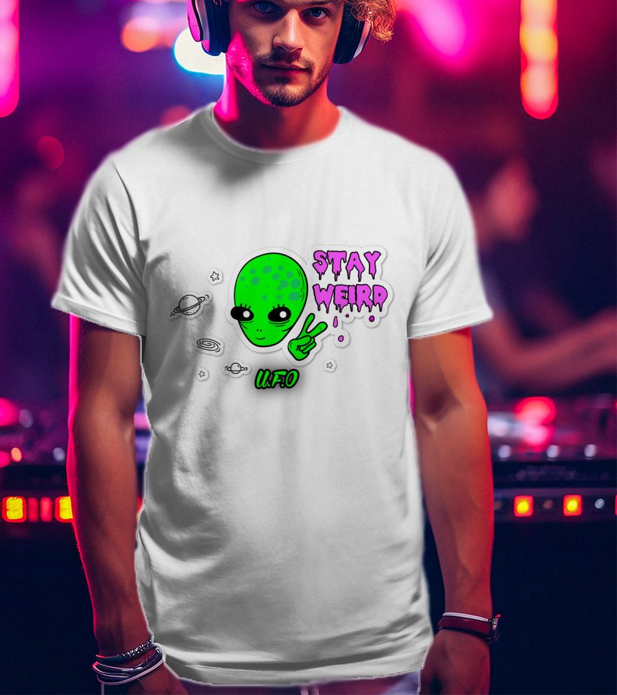 Stay Weird U.F.O. Alien Peace Sign Planet Stickers T-Shirt