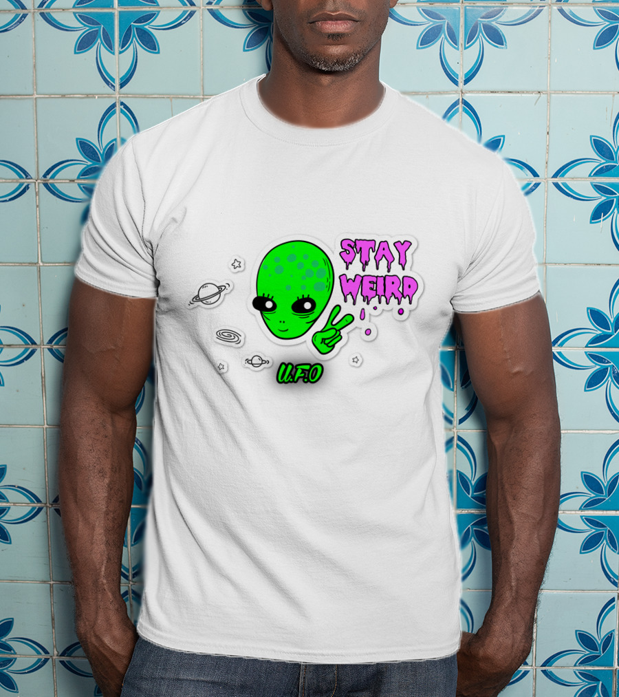 Stay Weird U.F.O. Alien Peace Sign Planet Stickers T-Shirt