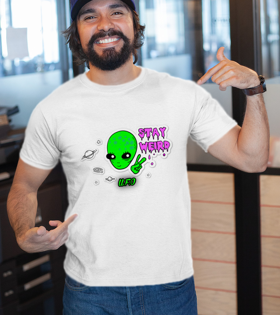 Stay Weird U.F.O. Alien Peace Sign Planet Stickers T-Shirt