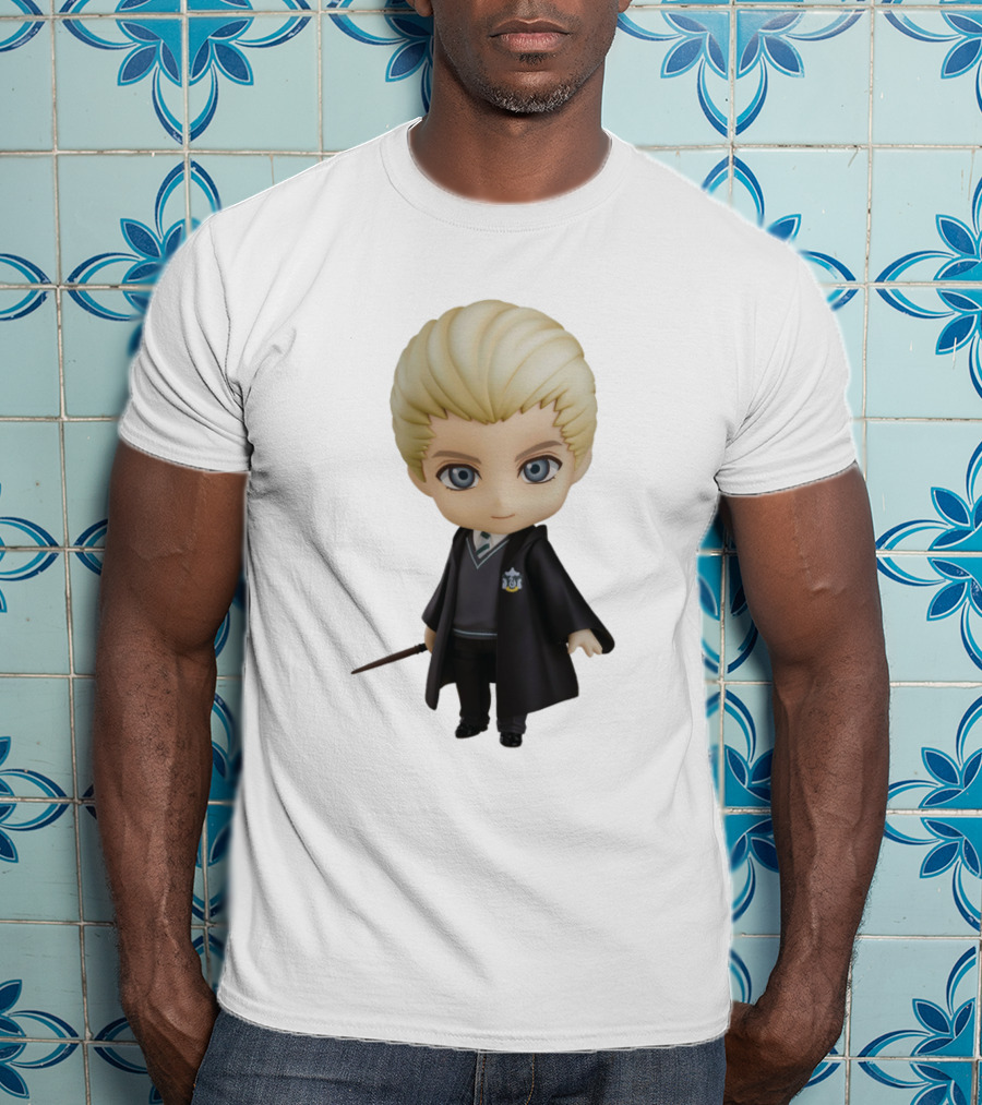Draco Malfoy Chibi Character In Black Cloak Displaying Wand T-Shirt