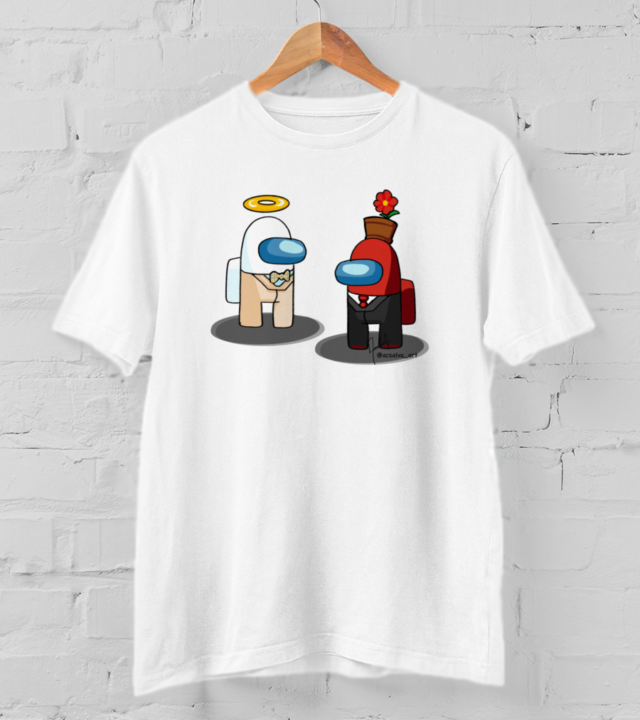 Among Us Ineffable Husbands Angel And Demon Characters In Suit And Bow Tie With Halo And Flowerpot Hat T-Shirt