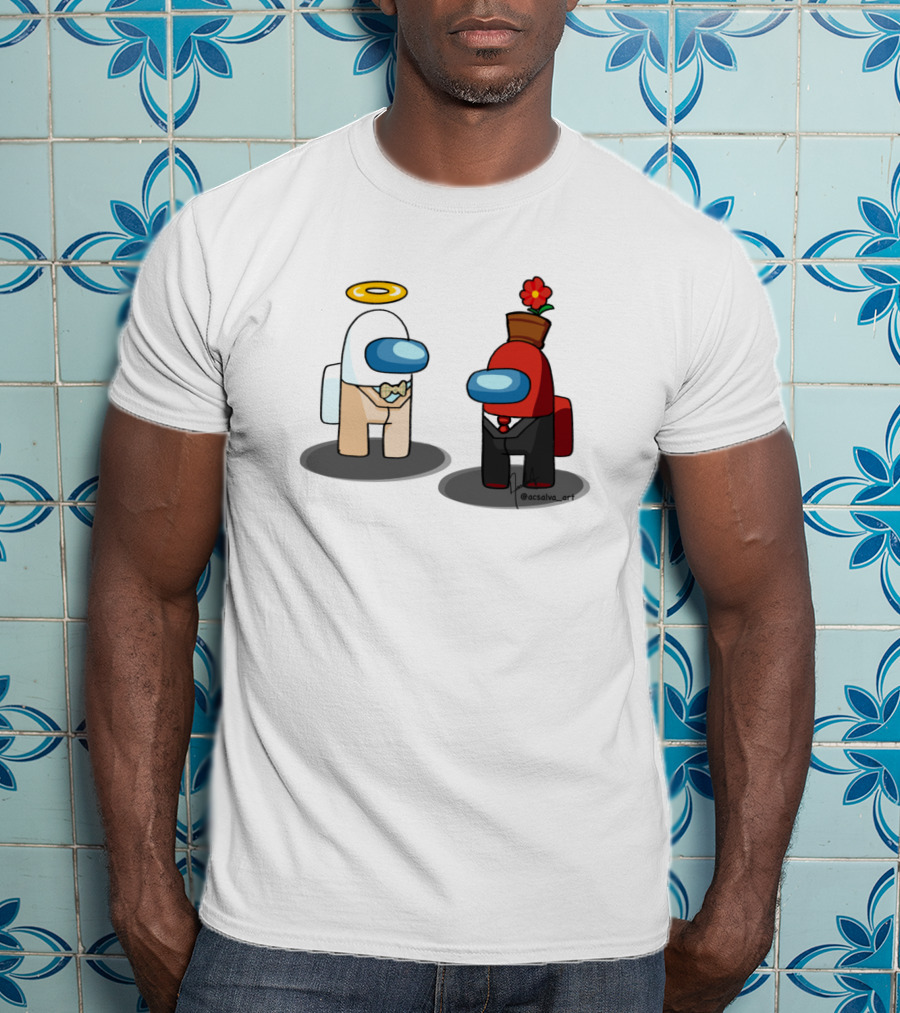 Among Us Ineffable Husbands Angel And Demon Characters In Suit And Bow Tie With Halo And Flowerpot Hat T-Shirt
