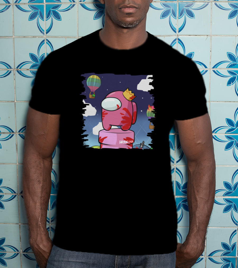 Haydeink Wrong Jelly Bean Among Us Crewmate With Crown Hot Air Balloon Sky Scene T-Shirt