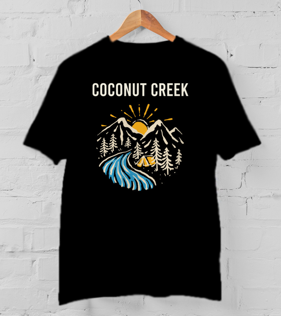 Coconut Creek Mountains Sunrise And River Camping Scene T-Shirt