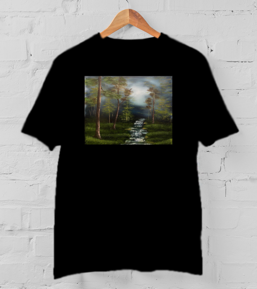 Dark Forest Creek Mysterious Woodland Stream Landscape Scene T-Shirt