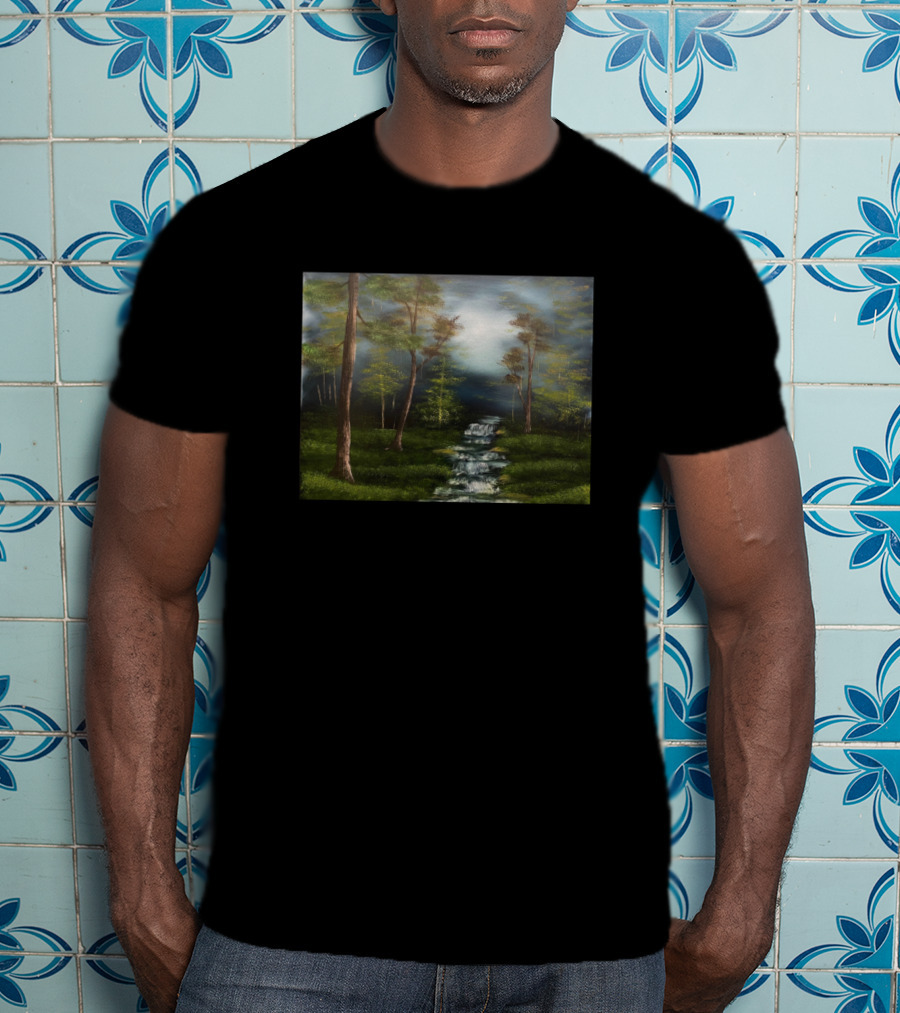 Dark Forest Creek Mysterious Woodland Stream Landscape Scene T-Shirt