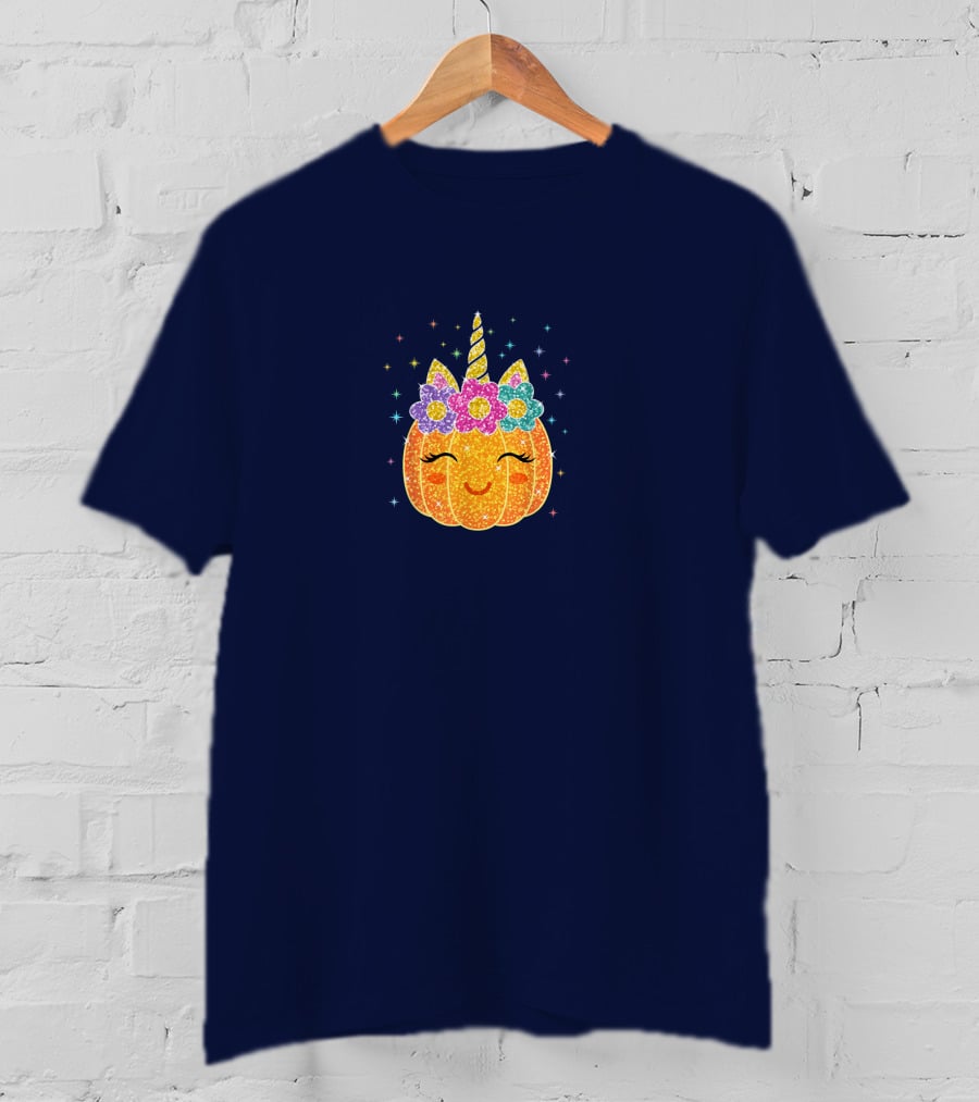 Cute Unicorn Pumpkin With Glittery Sparkling Flowers And Stars T-Shirt
