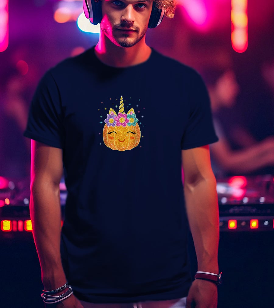 Cute Unicorn Pumpkin With Glittery Sparkling Flowers And Stars T-Shirt