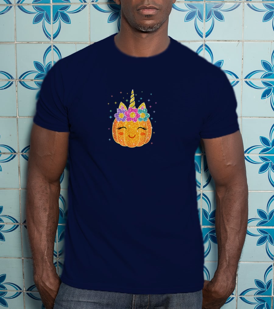 Cute Unicorn Pumpkin With Glittery Sparkling Flowers And Stars T-Shirt