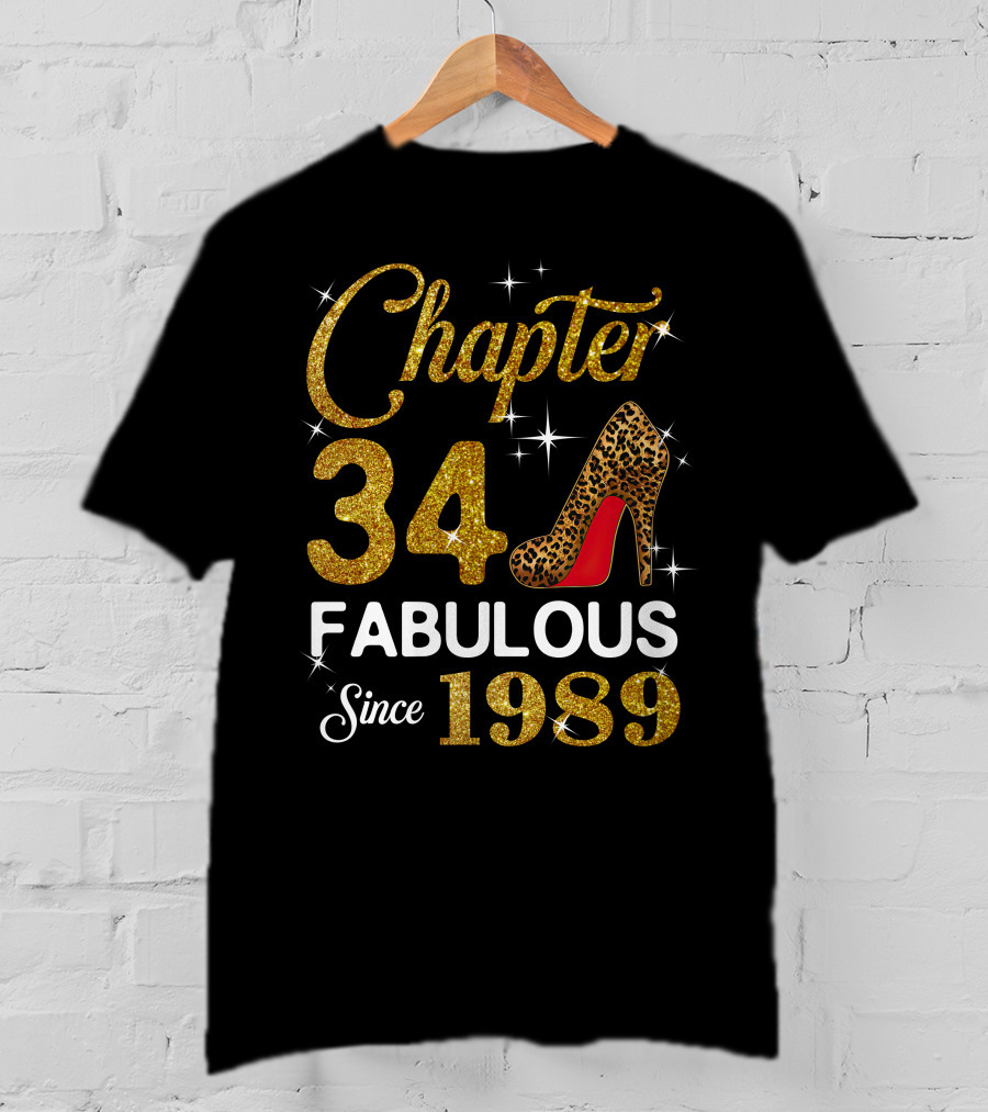 Chapter 34 Fabulous Since 1989 Golden Glitter Leopard Print Heel T-Shirt