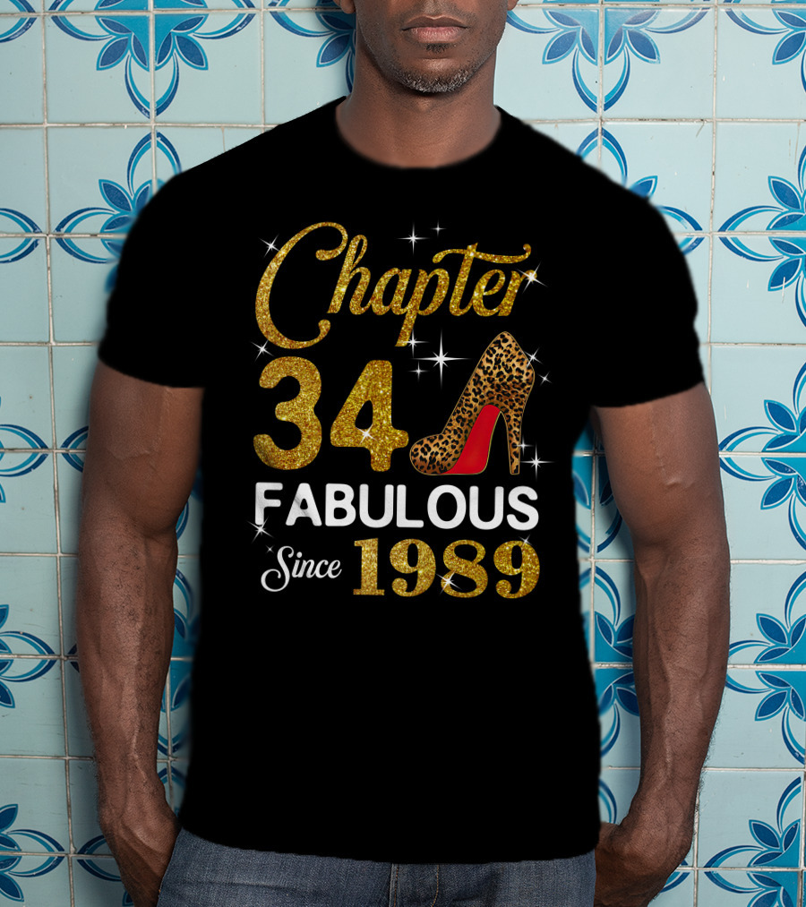 Chapter 34 Fabulous Since 1989 Golden Glitter Leopard Print Heel T-Shirt