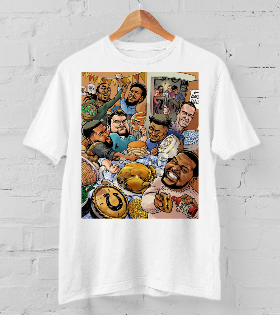 Indianapolis Colts Thanksgiving Feast Cartoon With NFL Players Celebrating T-Shirt