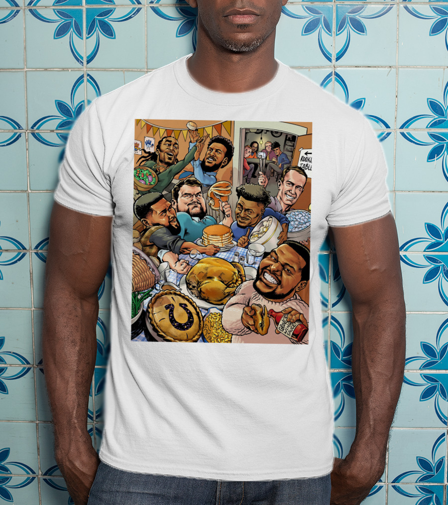 Indianapolis Colts Thanksgiving Feast Cartoon With NFL Players Celebrating T-Shirt