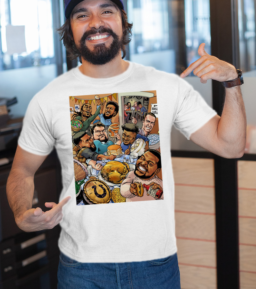 Indianapolis Colts Thanksgiving Feast Cartoon With NFL Players Celebrating T-Shirt