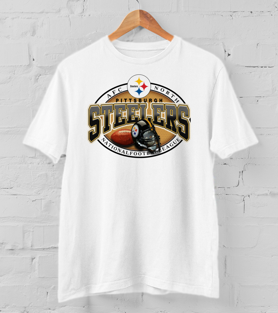 Pittsburgh Steelers AFC North National Football League Logo And Helmet With Football On Grey Background T-Shirt