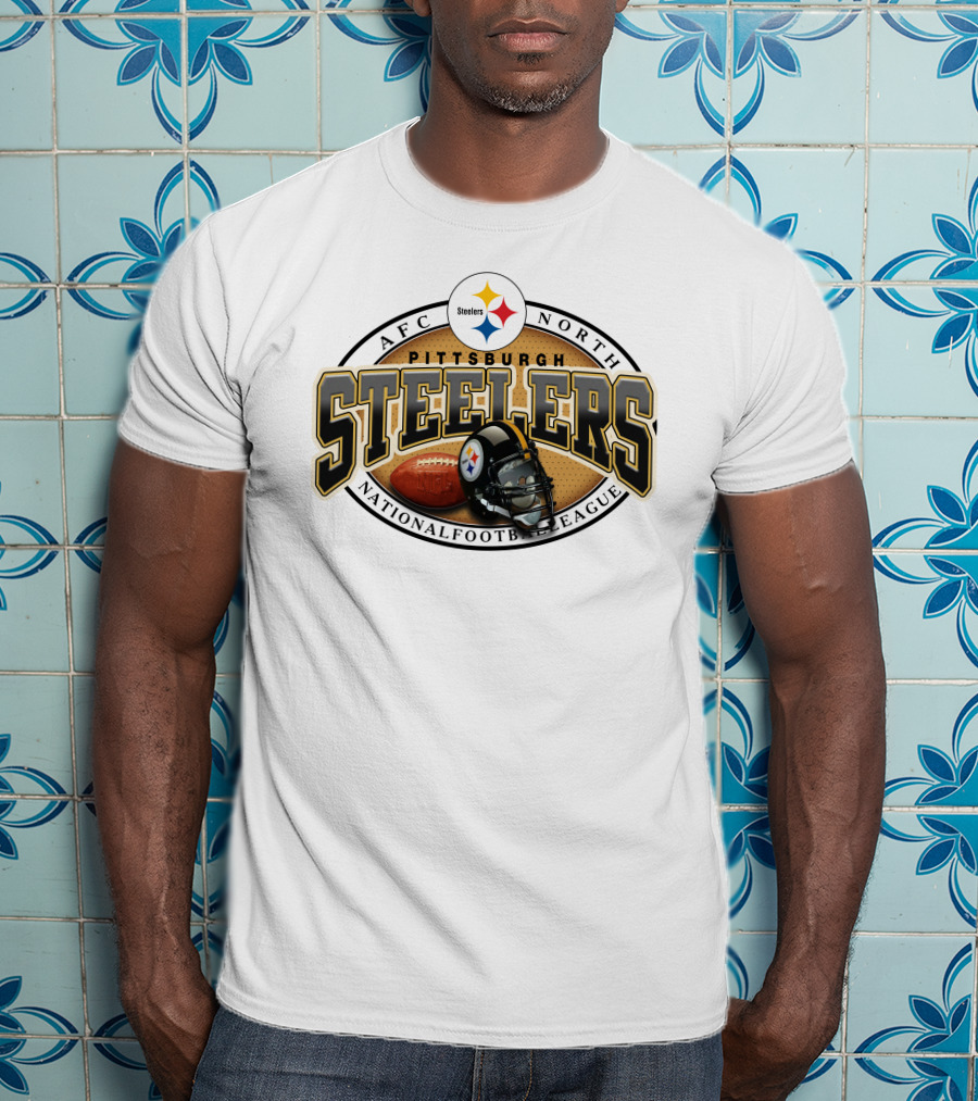 Pittsburgh Steelers AFC North National Football League Logo And Helmet With Football On Grey Background T-Shirt