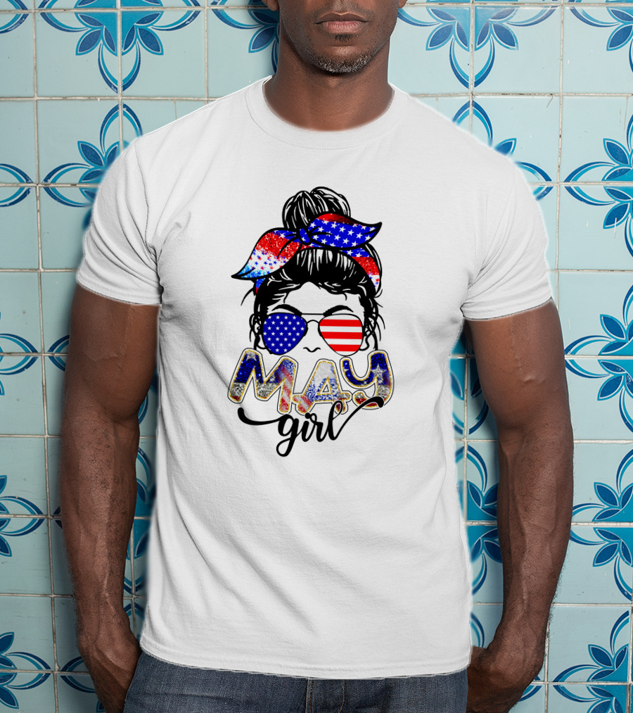 May Girl American Flag Sunglasses And Bandana T-Shirt