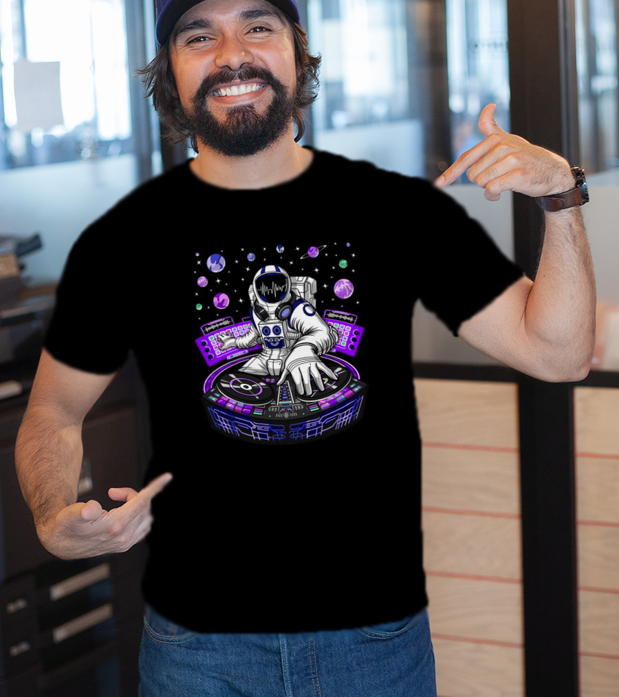 Astronaut DJ Mixing Beats With Planetary Backdrop 1382302 T-Shirt