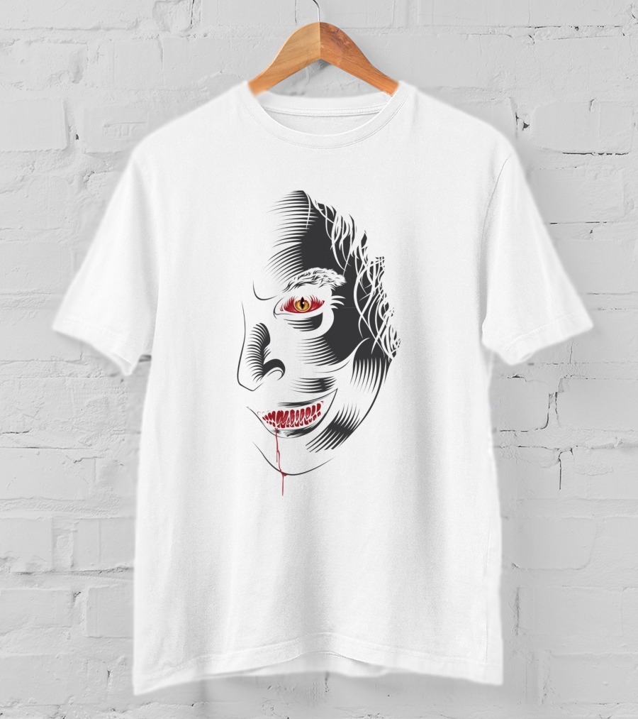 Aswang 1186733 Creepy Red-Eyed Smiling Face With Blood Drip T-Shirt