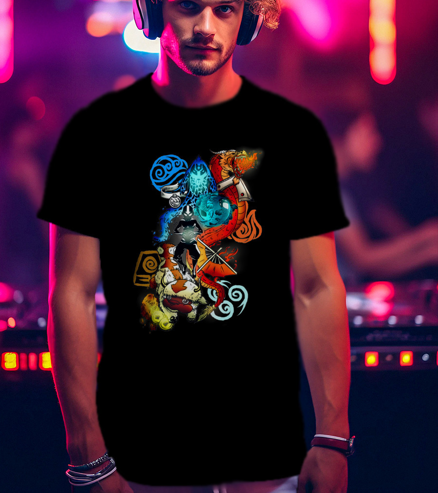 Avatar Bending Elements With Water, Earth, Fire, Air Symbols And Creatures 4828 T-Shirt