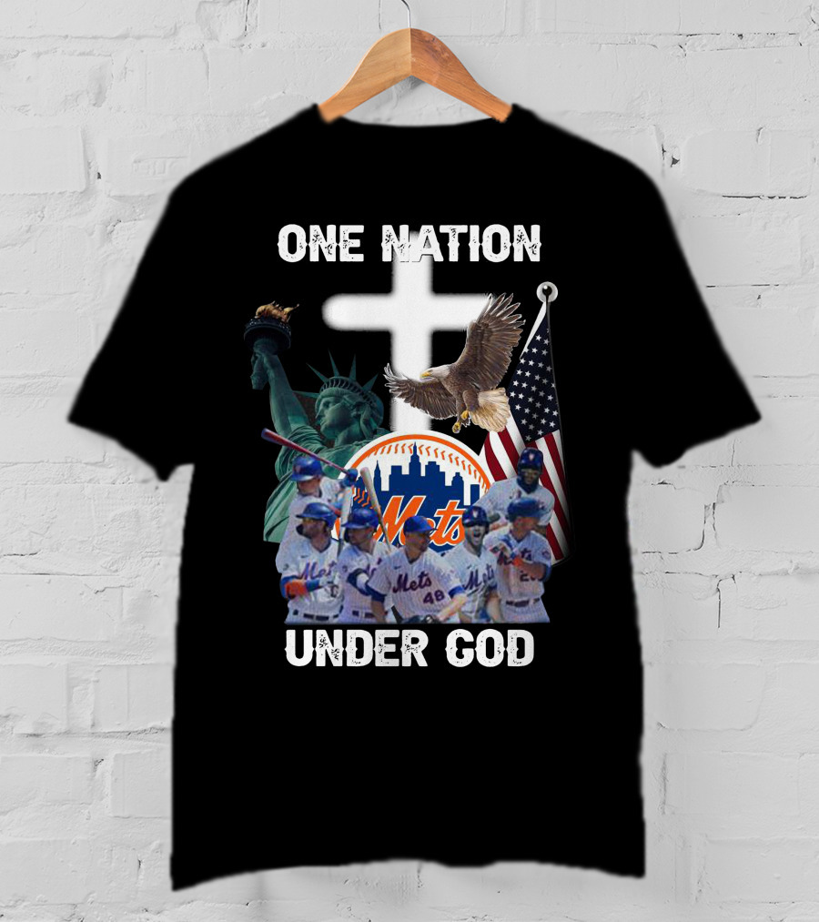 New York Mets One Nation Under God Liberty Eagle Flag Cross Baseball Players T-Shirt