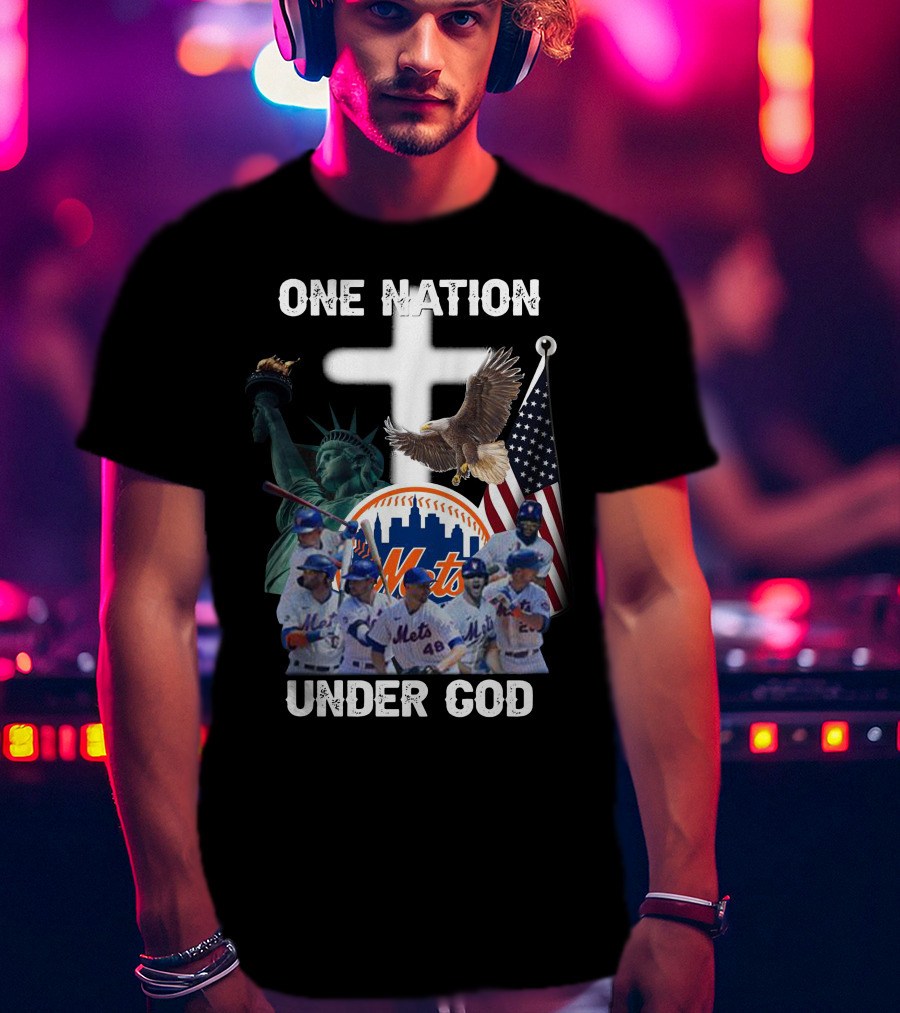 New York Mets One Nation Under God Liberty Eagle Flag Cross Baseball Players T-Shirt