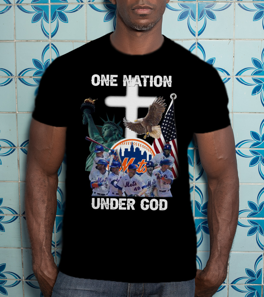 New York Mets One Nation Under God Liberty Eagle Flag Cross Baseball Players T-Shirt