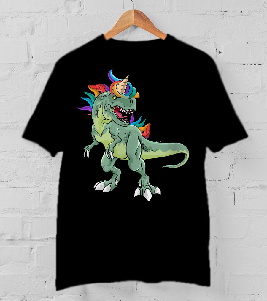 Unicorn Dinosaur Rex With Rainbow Mane And Horn T-Shirt