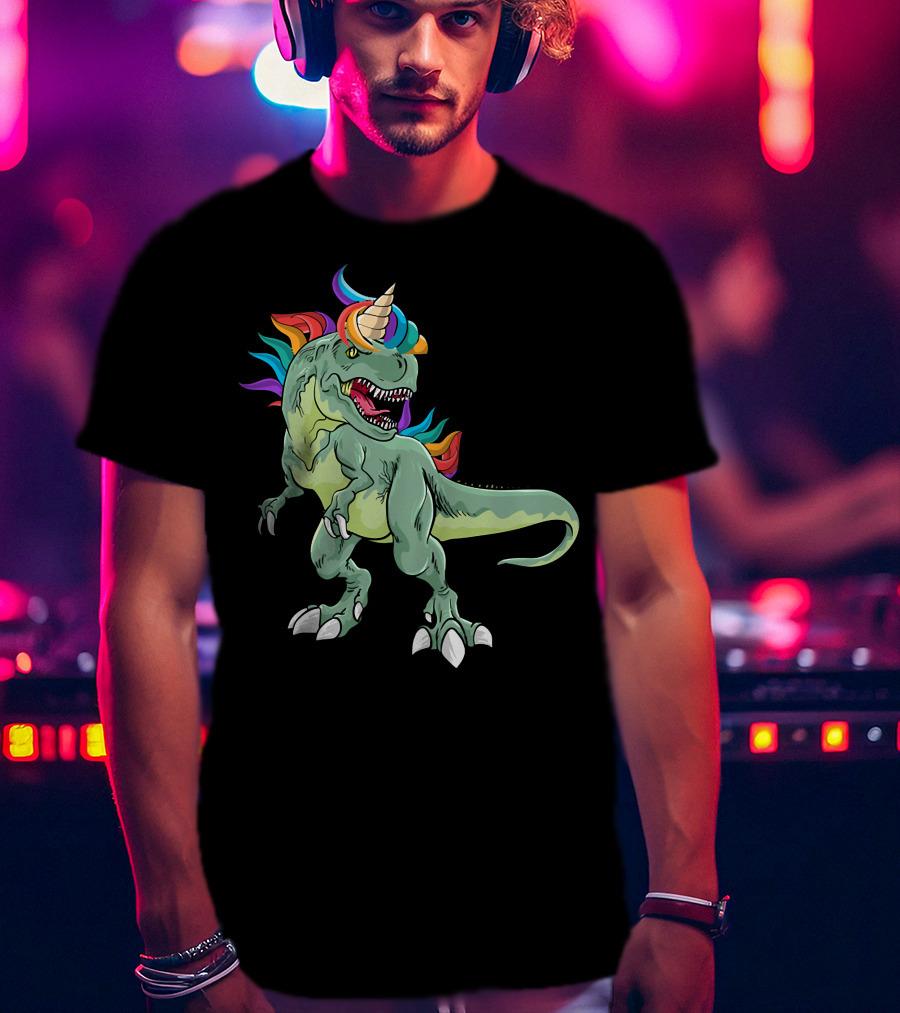 Unicorn Dinosaur Rex With Rainbow Mane And Horn T-Shirt