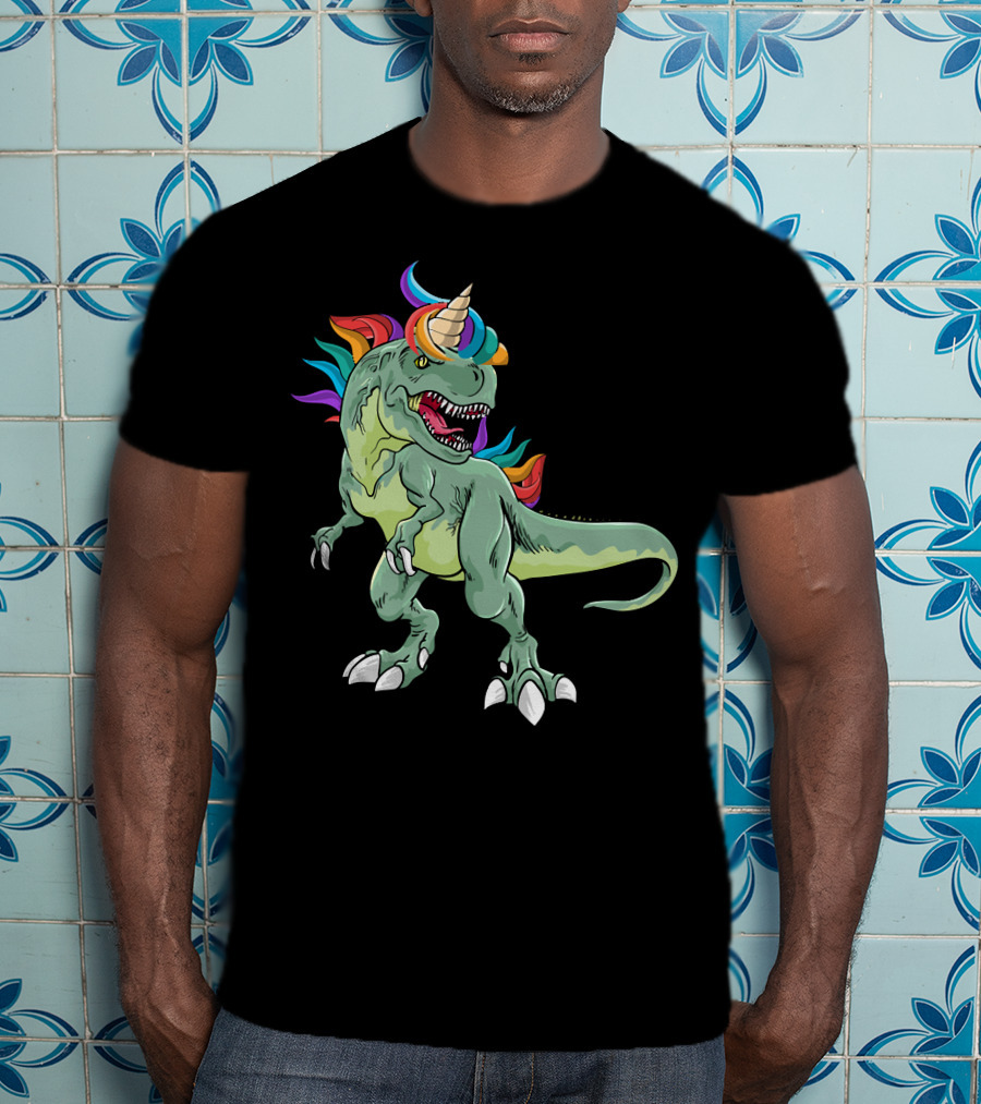 Unicorn Dinosaur Rex With Rainbow Mane And Horn T-Shirt