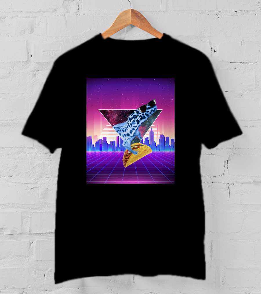 Aesthetic Synthwave Leopard Gecko Taco In Retro Urban Skyline T-Shirt