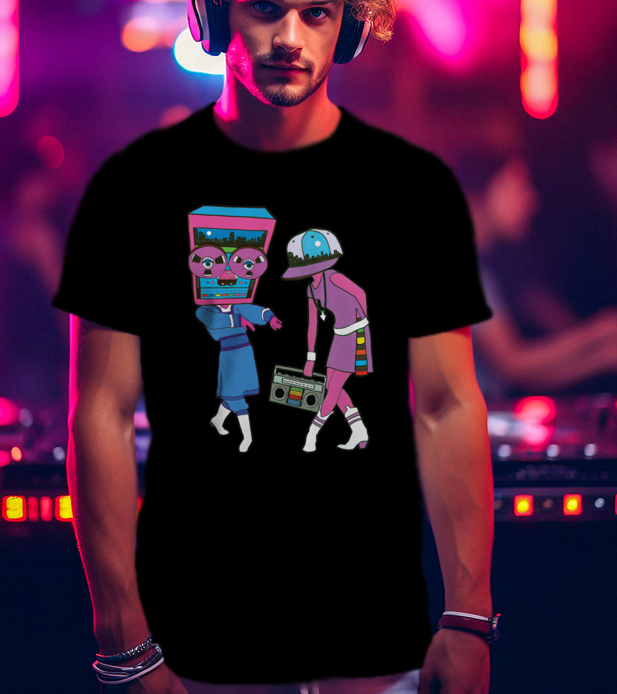 Around The Track 347 Retro Arcade Style Dancing Figures And Boombox T-Shirt