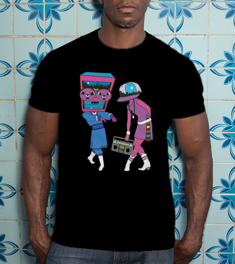 Around The Track 347 Retro Arcade Style Dancing Figures And Boombox T-Shirt