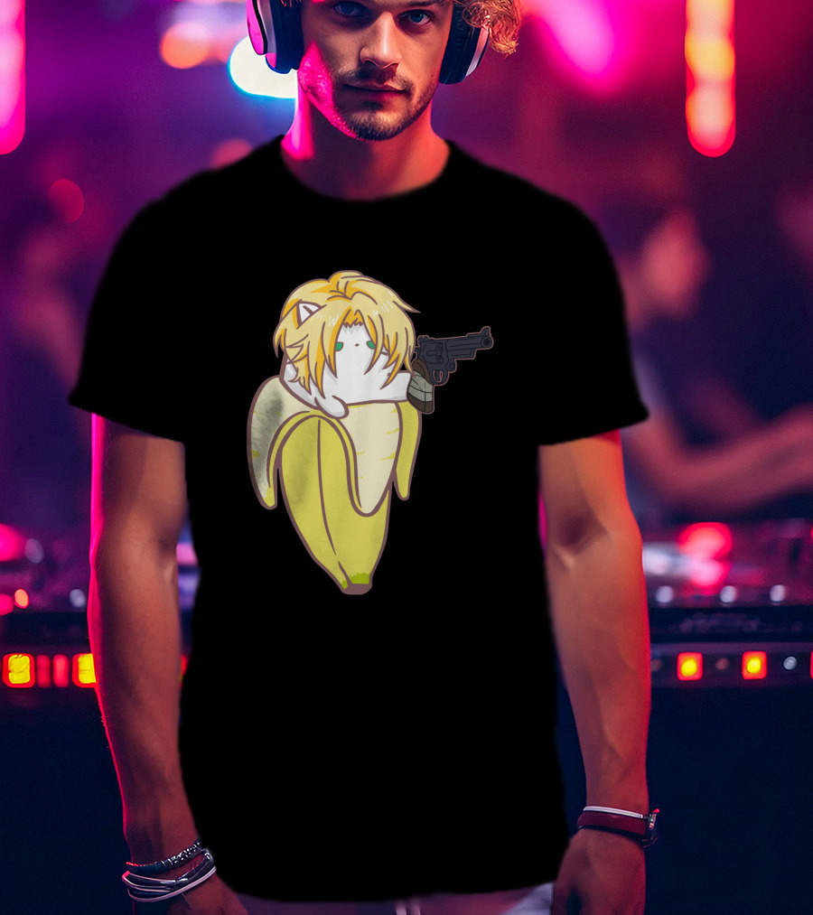 Bananya Fish 990217 Cat In Banana Costume With Toy Gun Anime T-Shirt