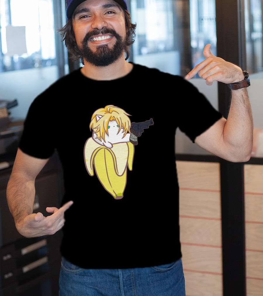 Bananya Fish 990217 Cat In Banana Costume With Toy Gun Anime T-Shirt
