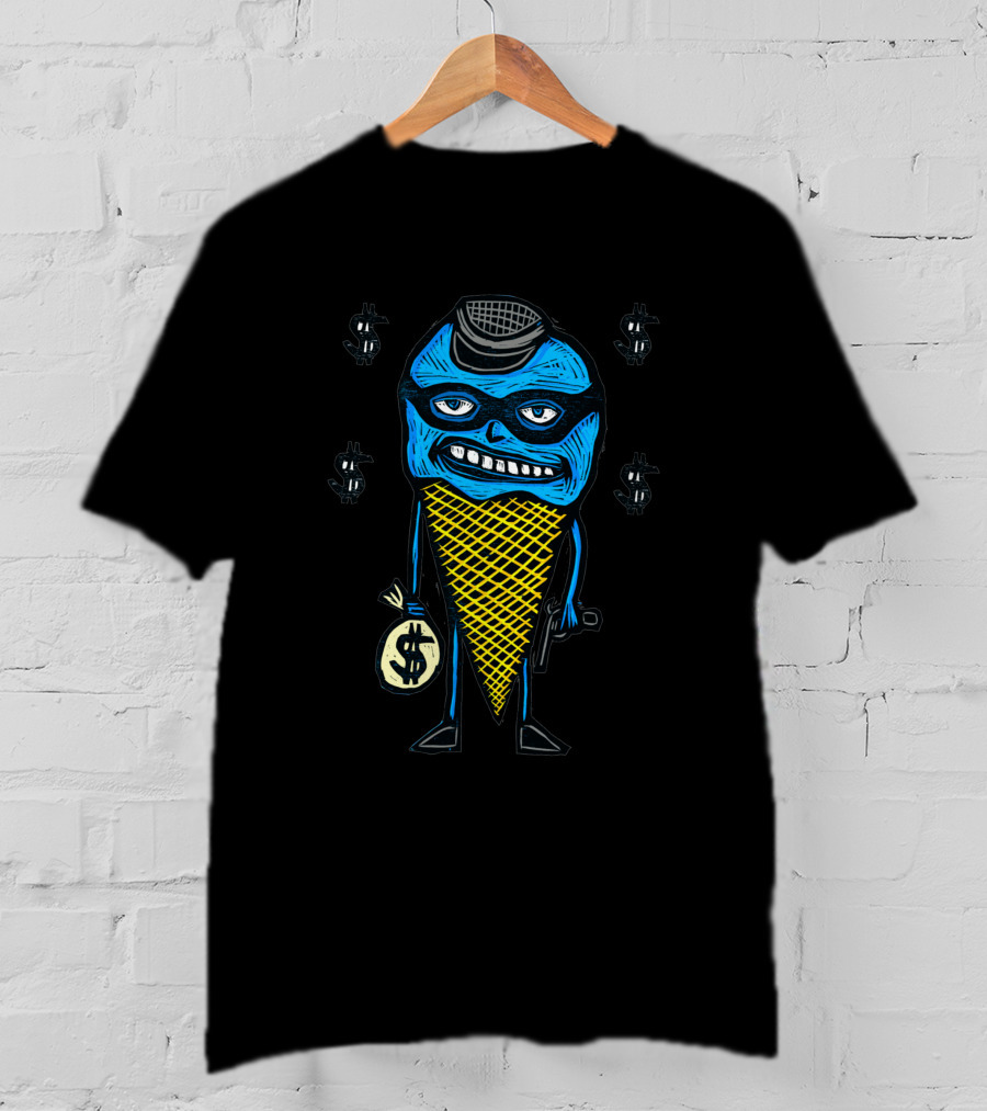 Bank Robber Cone 43391 Ice Cream Criminal Holding Money Bag With Dollar Signs T-Shirt