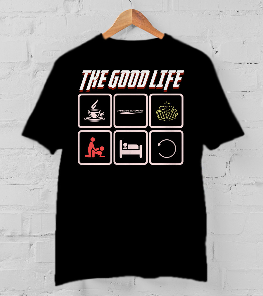 The Good Life Hydra-Sports Coffee Beer Cycle Icons T-Shirt