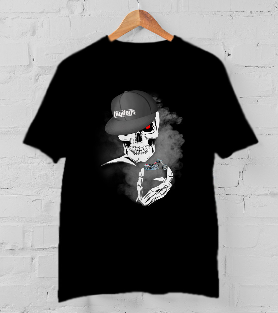Big Dogs Motorcycle Riders Skull With Hat And Smoke Motif T-Shirt