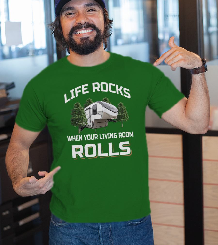 LIFE ROCKS WHEN YOUR LIVING ROOM ROLLS Cougar Camper RV Adventure T-Shirt
