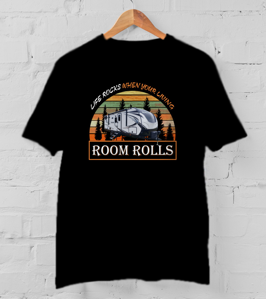 LIFE ROCKS WHEN YOUR LIVING ROOM ROLLS North Trail 24BHS Camper Silhouette Retro Vintage Campervan Scene T-Shirt