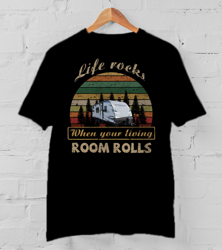 Life Rocks When Your Living Room Rolls Keystone Passport 239ml Vintage Sunset Forest Camper T-Shirt
