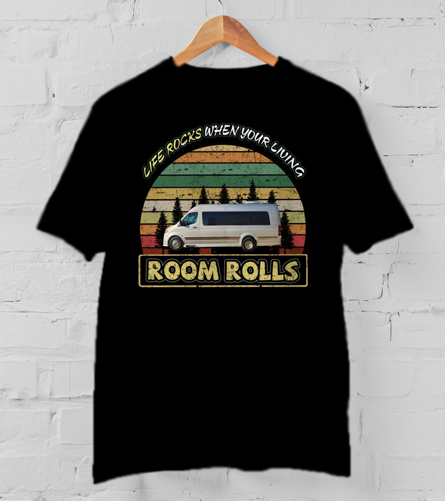 LIFE ROCKS WHEN YOUR LIVING ROOM ROLLS Grech Strada-ion Camper Van Retro Stripes Vintage Forest Adventure T-Shirt