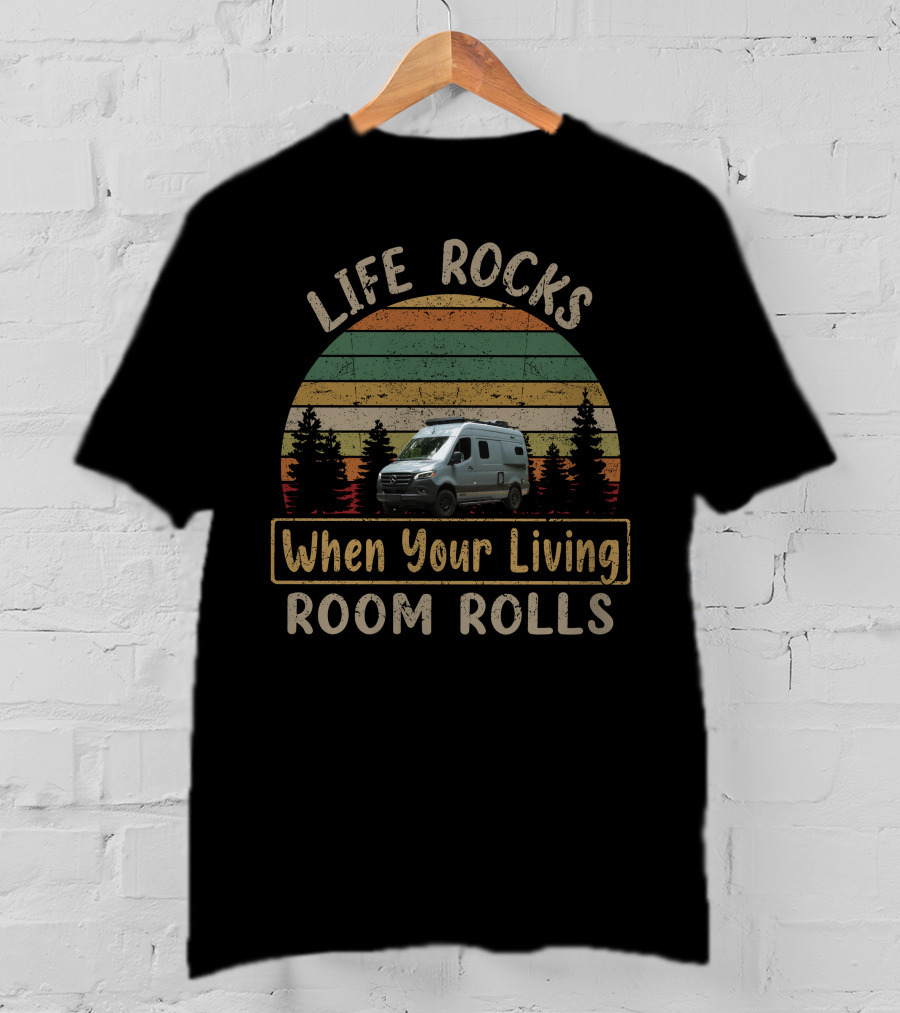 Life Rocks When Your Living Room Rolls Winnebago Revel Vintage Campervan Forest Stripes T-Shirt