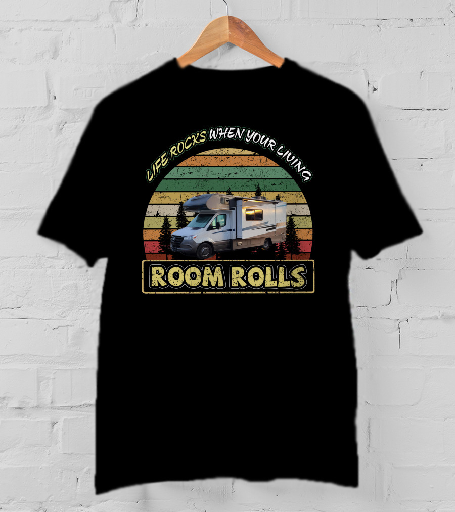 LIFE ROCKS WHEN YOUR LIVING ROOM ROLLS Winnebago Vita 24 Retro Camper Van Stripes T-Shirt
