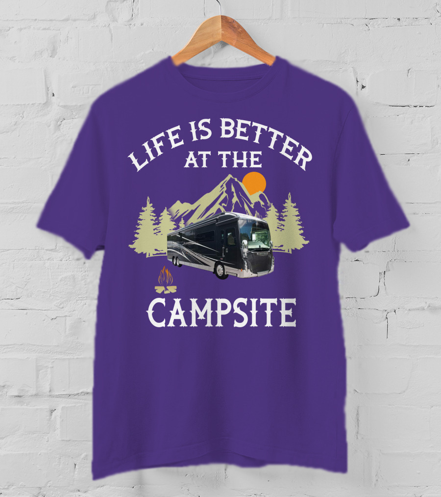 Life Is Better At The Campsite Winnebago 42QL Mountain Sunset Campfire T-Shirt