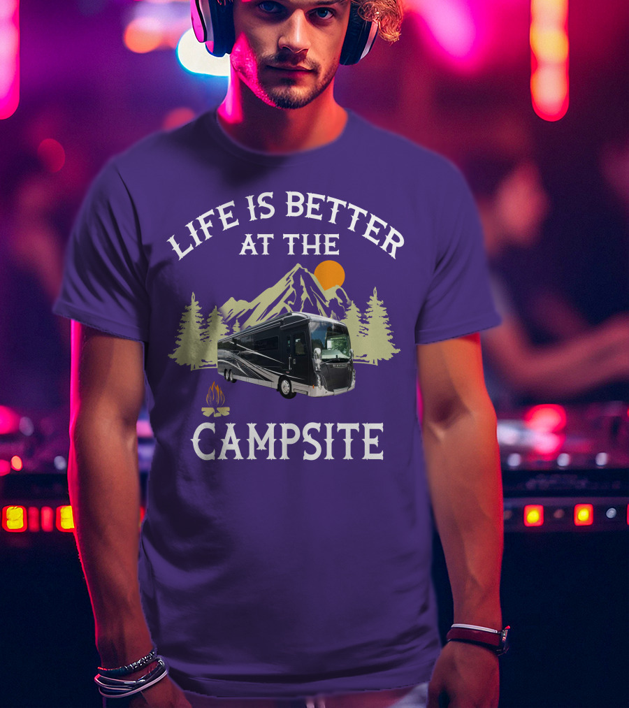 Life Is Better At The Campsite Winnebago 42QL Mountain Sunset Campfire T-Shirt