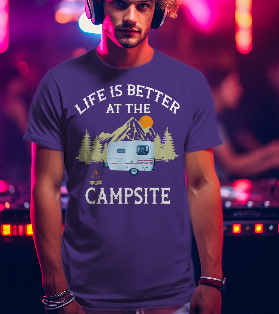 Life Is Better At The Campsite Scamp Small Travel Trailers Mountain Sunset T-Shirt